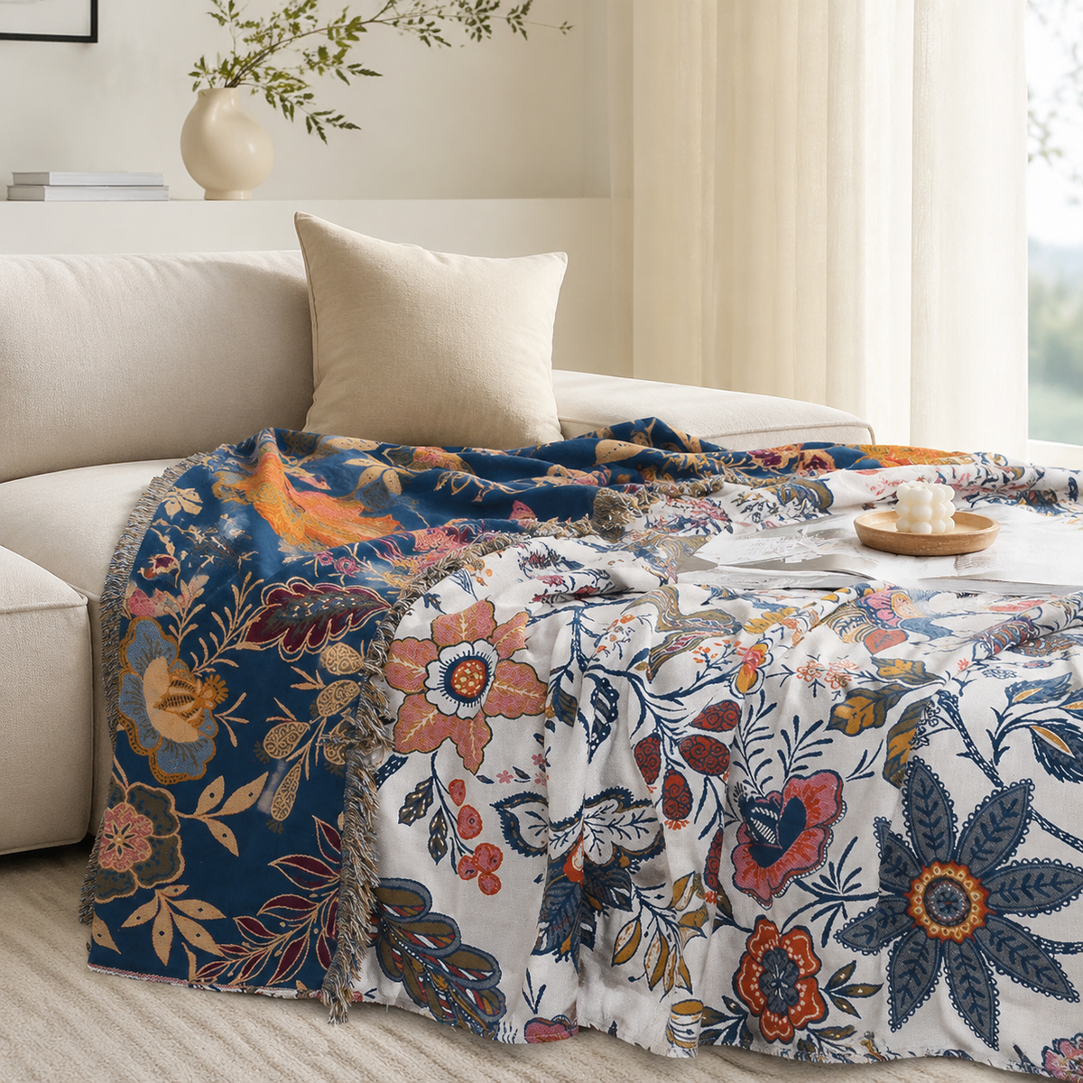 Throw Blanket for Sofa with Floral Fringed Edges