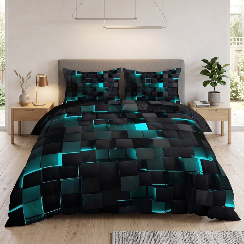 Bedding set with geometric duvet cover and pillowcases - blue gray