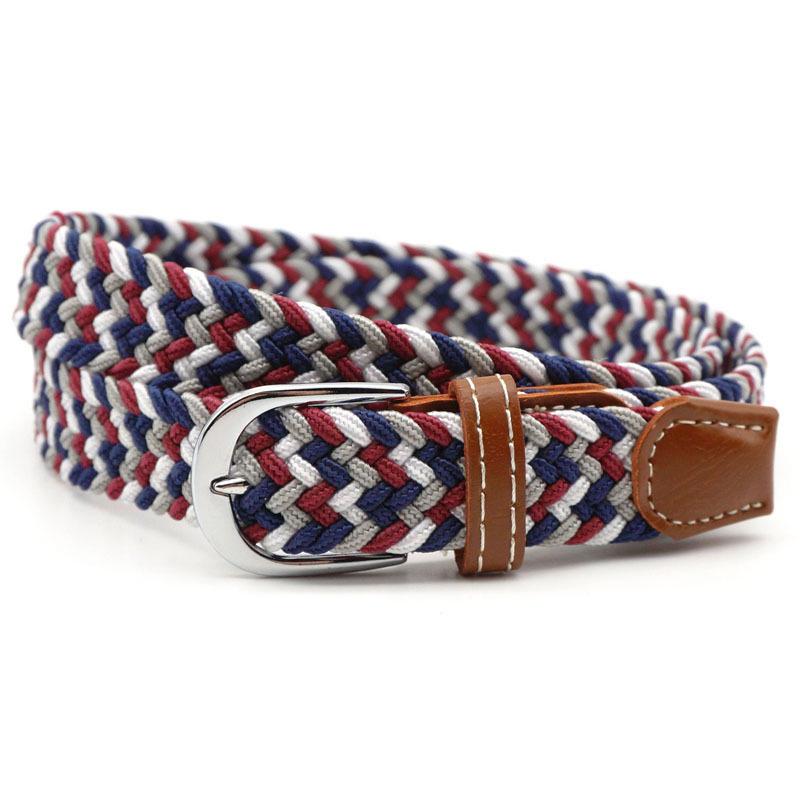 Hole-free elastic belt with metal buckle and woven design - gray blue red white