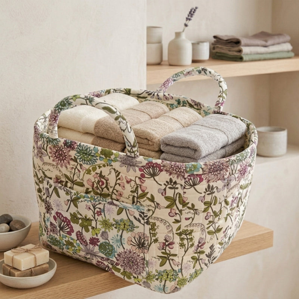 Storage Basket with Floral Pattern and Cotton Handles - flower