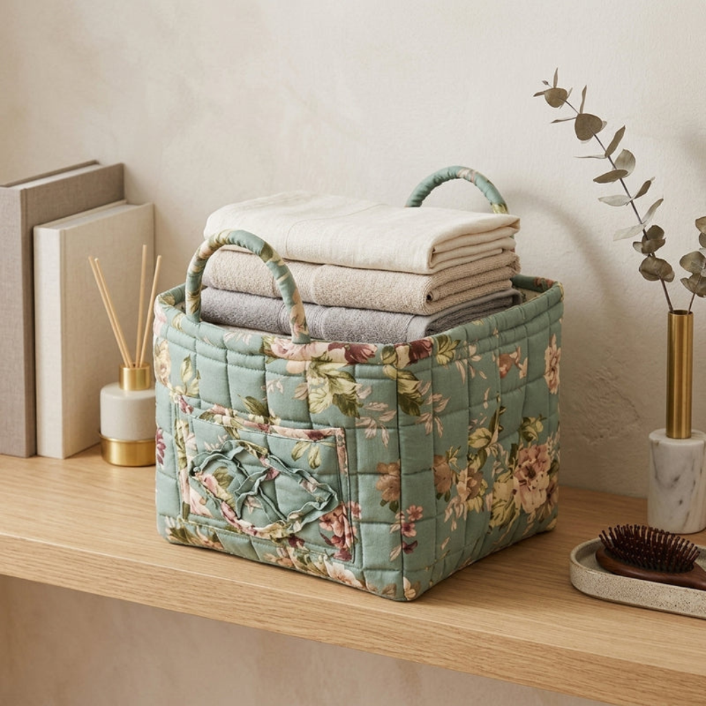 Storage Basket with Floral Pattern and Cotton Handles - little flower
