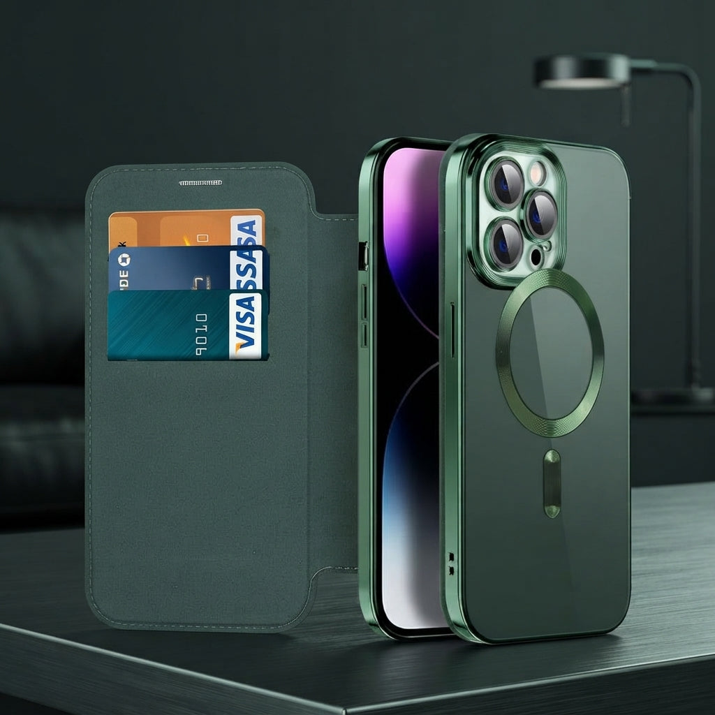 Magnetic leather flip phone case with RFID blocking - green