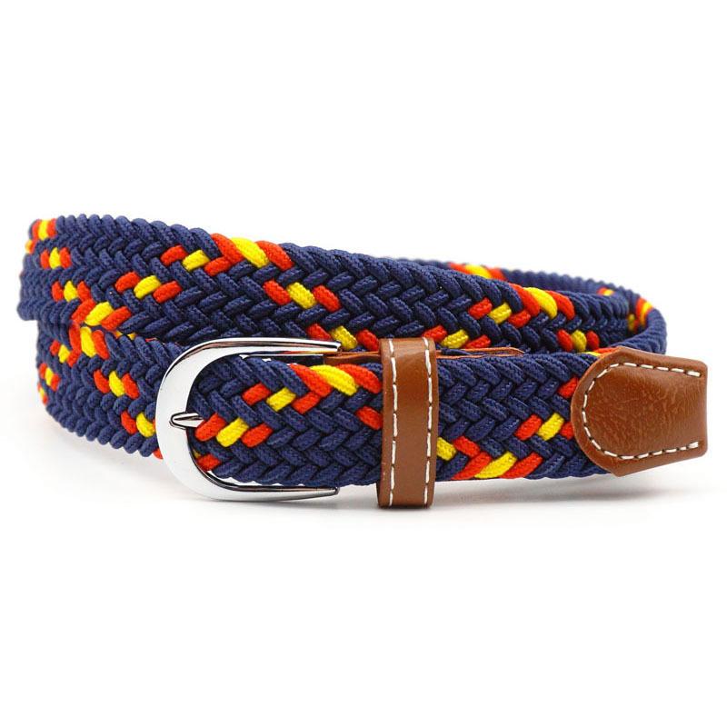 Hole-free elastic belt with metal buckle and woven design - red yellow blue