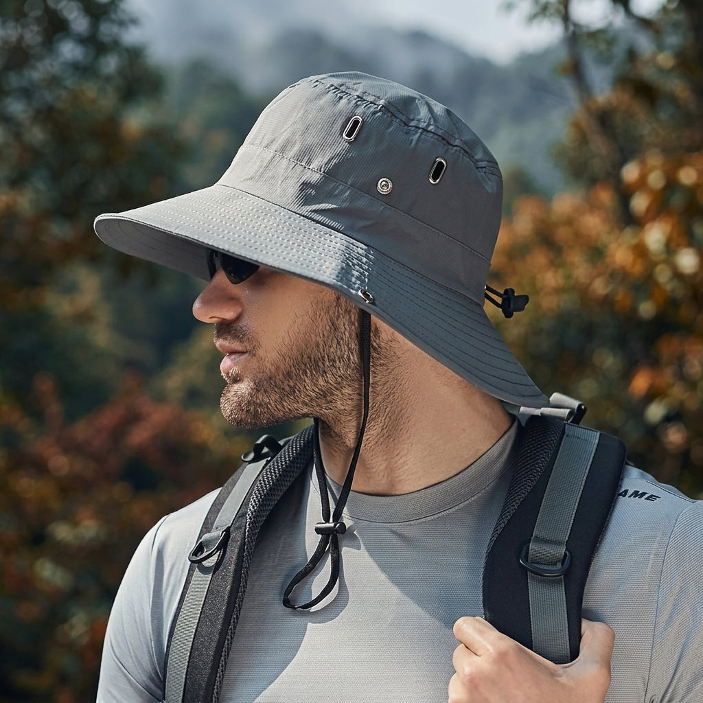 Sun Hat with Wide Brim and Adjustable Chin Strap - gray