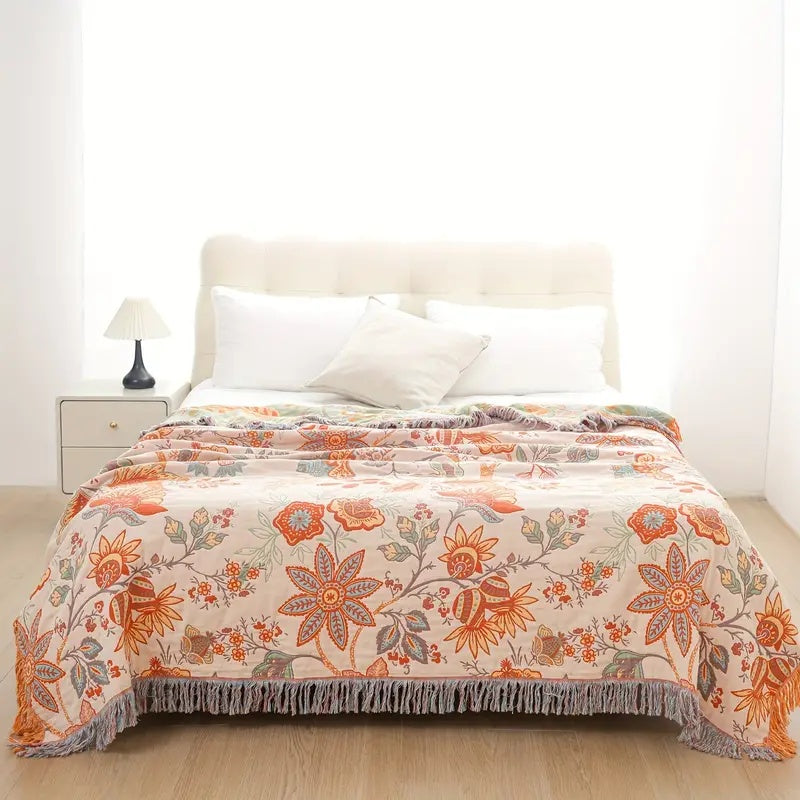 Throw Blanket with Floral Jacquard Fringed Edges