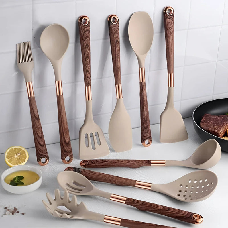 Kitchen Utensil Set With Silicone Heads Wooden Handles