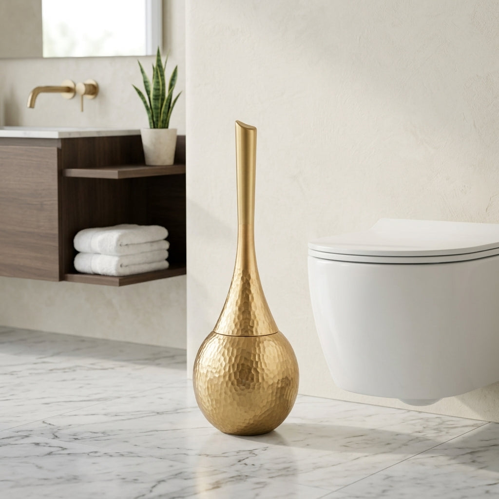 Toilet brush holder with long handle for bathroom - elegant gold