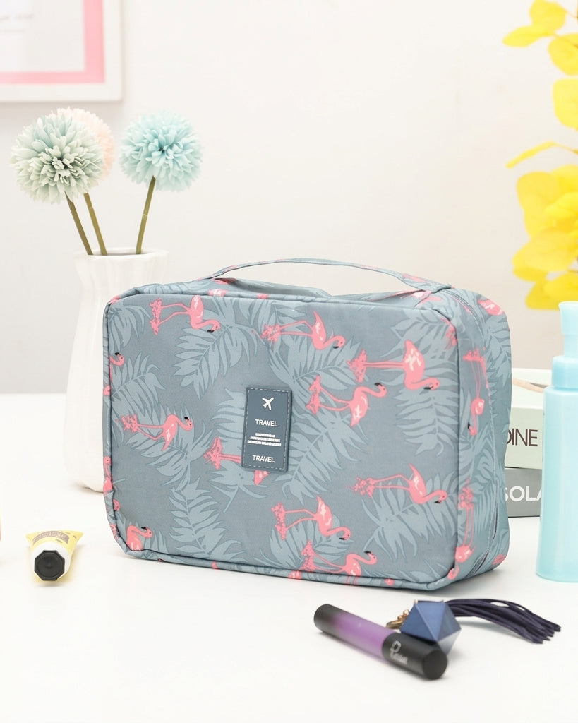 Toiletry bag with multiple compartments and hanging hook - flamingo