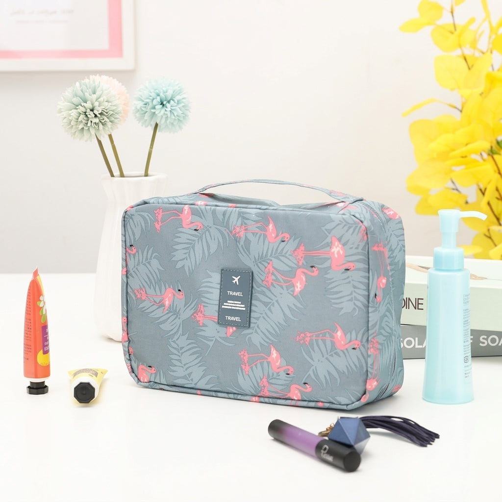 Toiletry bag with multiple compartments and hanging hook - flamingo