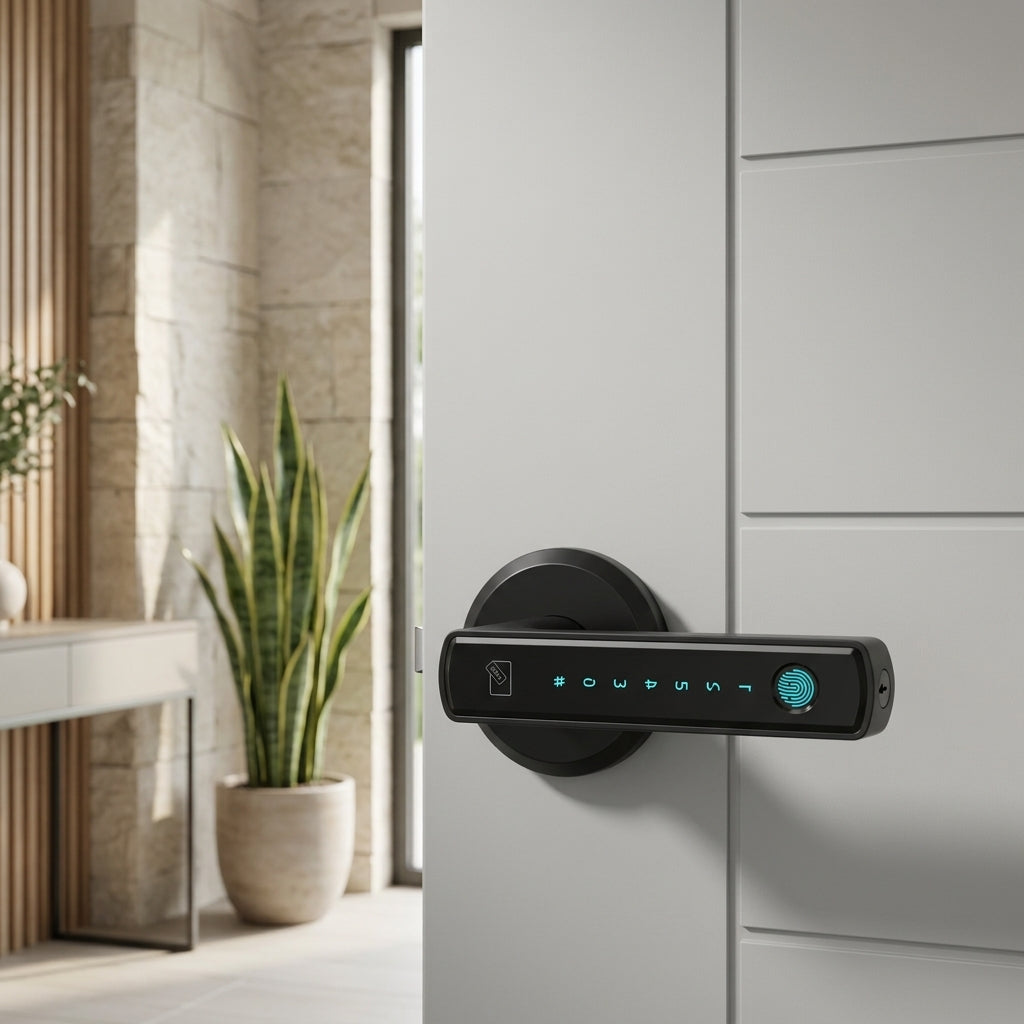 Smart door lock with fingerprint access and digital keypad