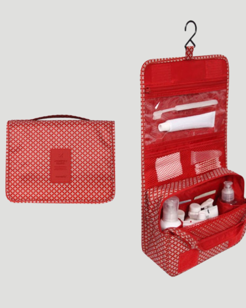 Toiletry bag with multiple compartments and hanging hook - red stars