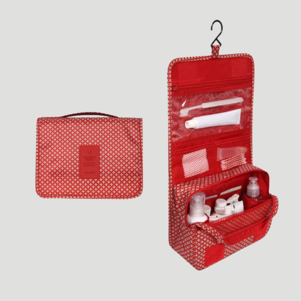 Toiletry bag with multiple compartments and hanging hook - red stars