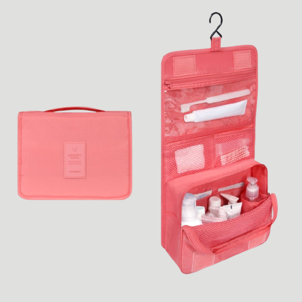 Toiletry bag with multiple compartments and hanging hook - watermelon red