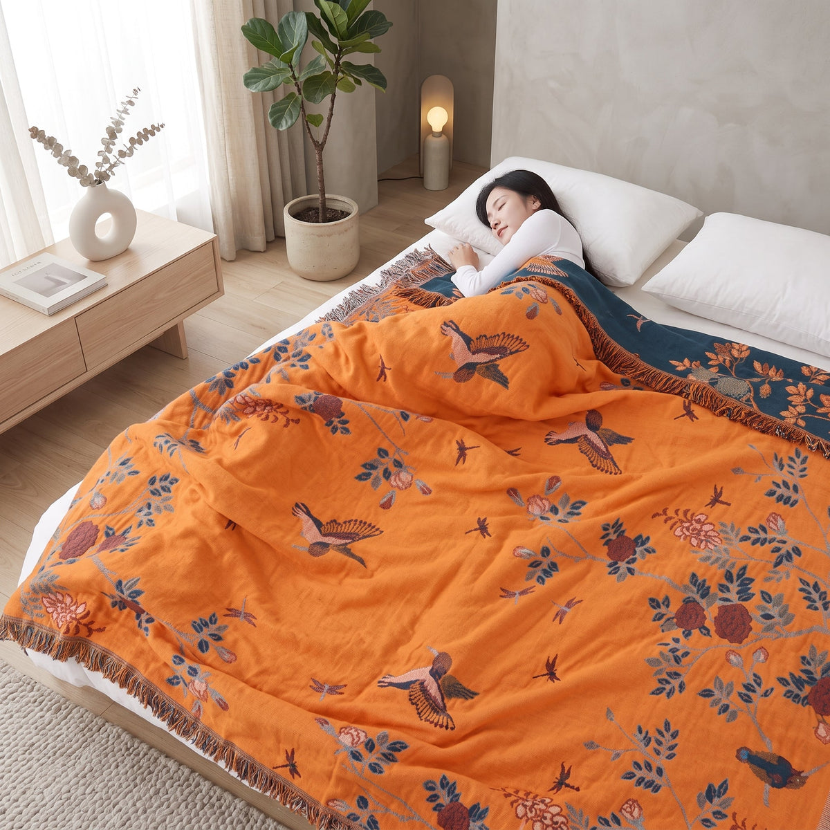 Throw Blanket Sofa Bed Cover With Floral Jacquard - dark blue & orange