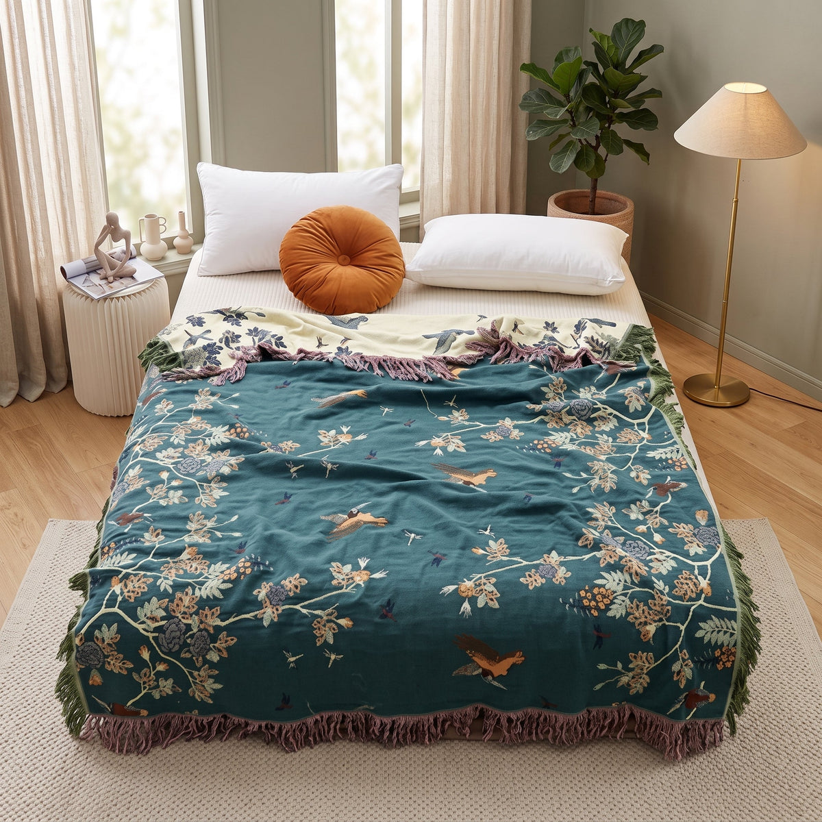 Throw Blanket Sofa Bed Cover With Floral Jacquard - dark green & beige