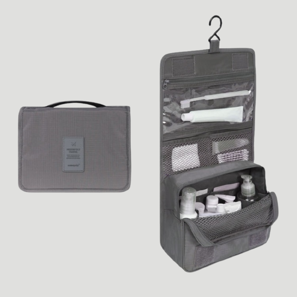 Toiletry bag with multiple compartments and hanging hook - gray