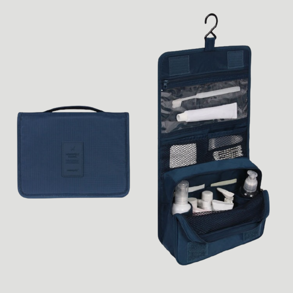 Toiletry bag with multiple compartments and hanging hook - dark blue