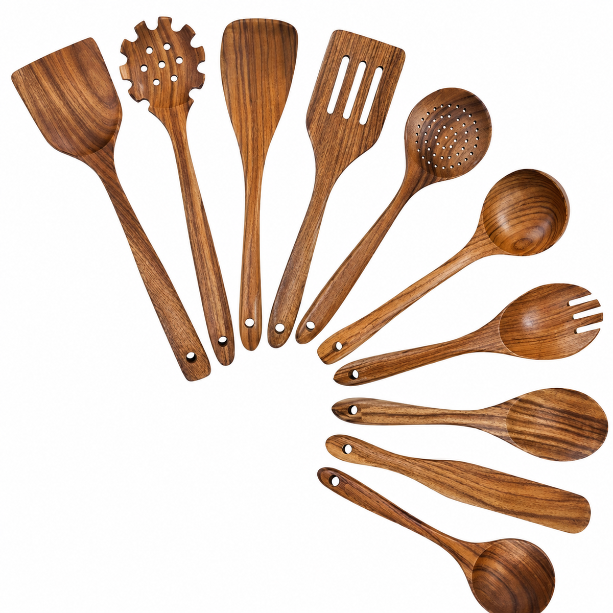 Teak wood kitchen utensil set in 5, 7 or 10 pieces