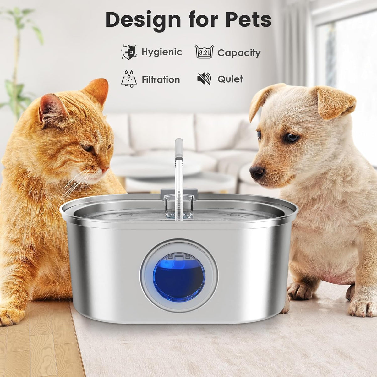 Pet water fountain with stainless steel body and automatic flow