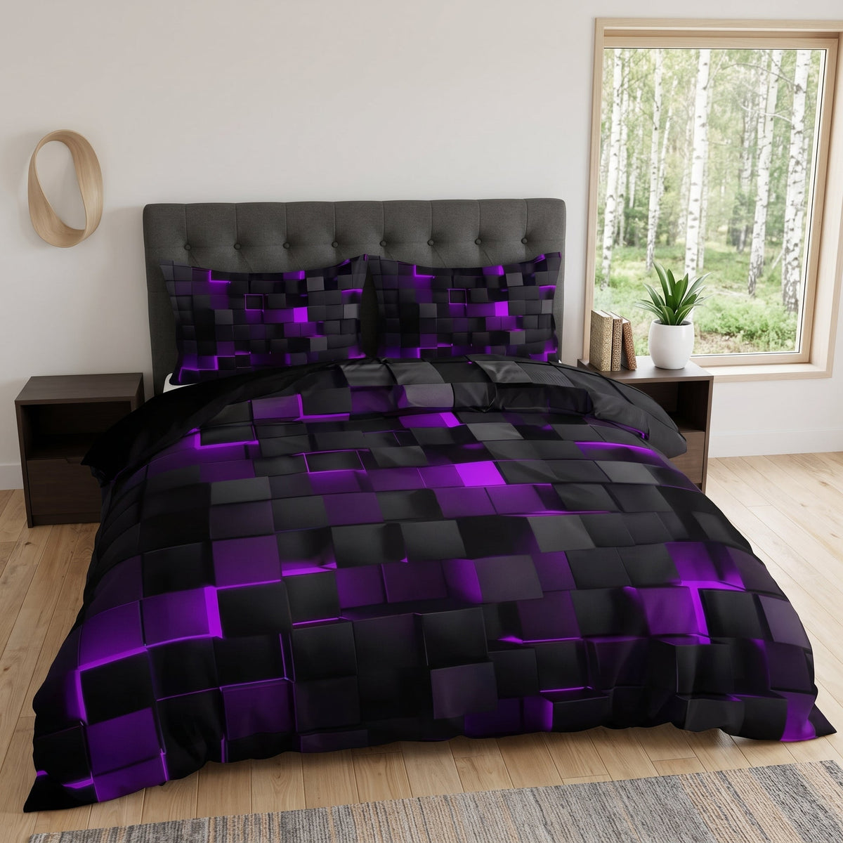 Bedding set with geometric duvet cover and pillowcases - violet