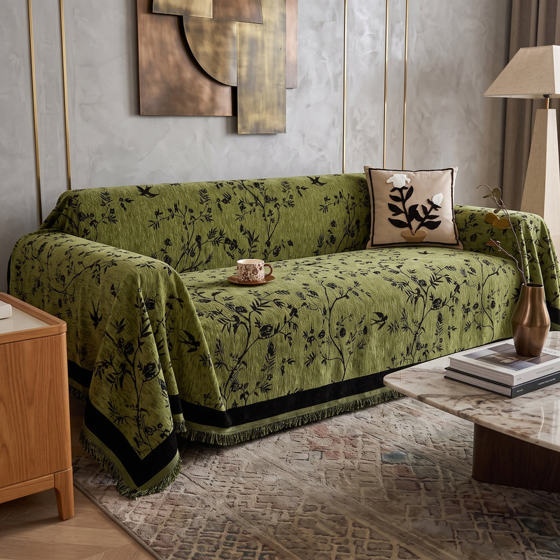 Sofa Cover With Floral Pattern Anti Slip - olive green