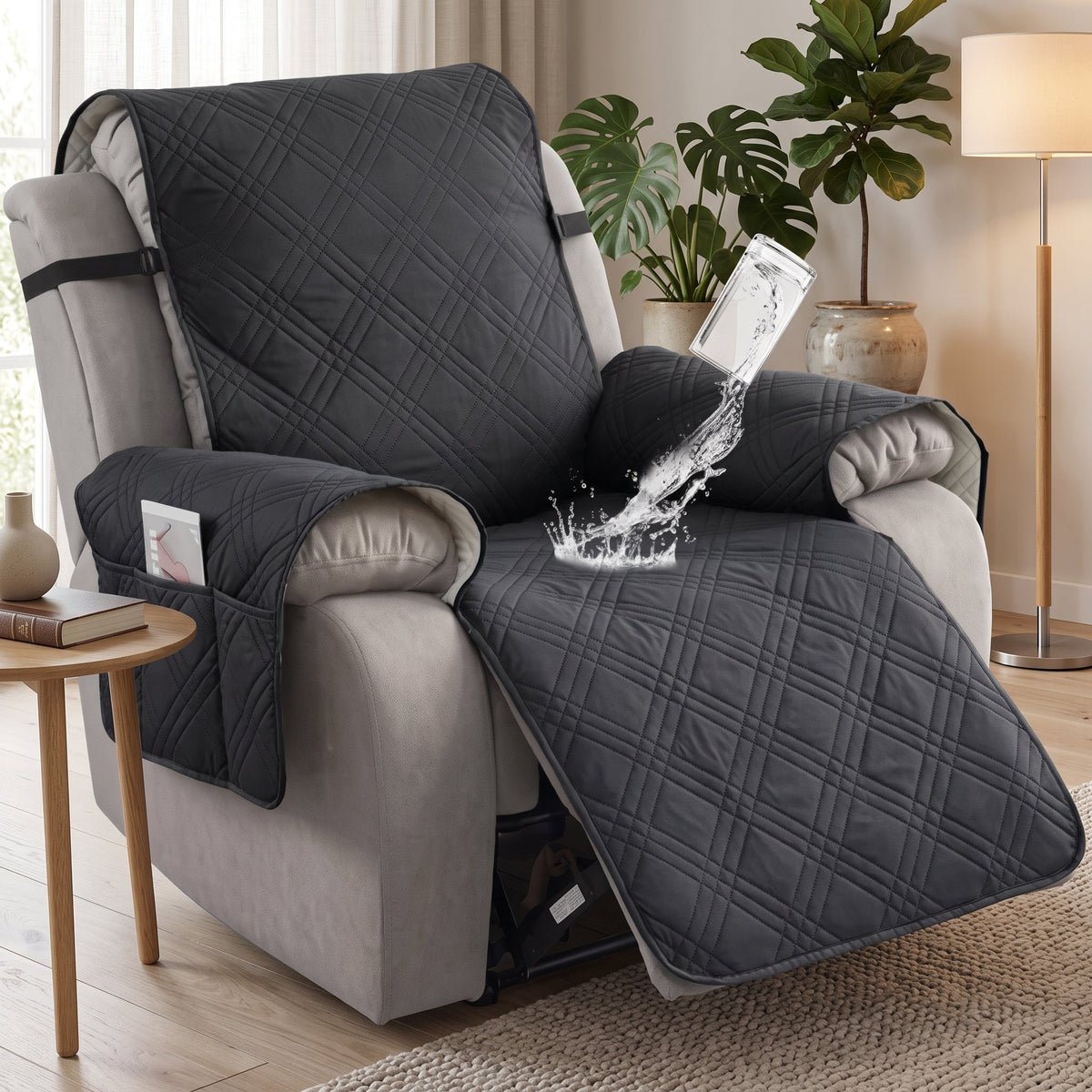 Recliner Chair Cover with Side Pockets - black