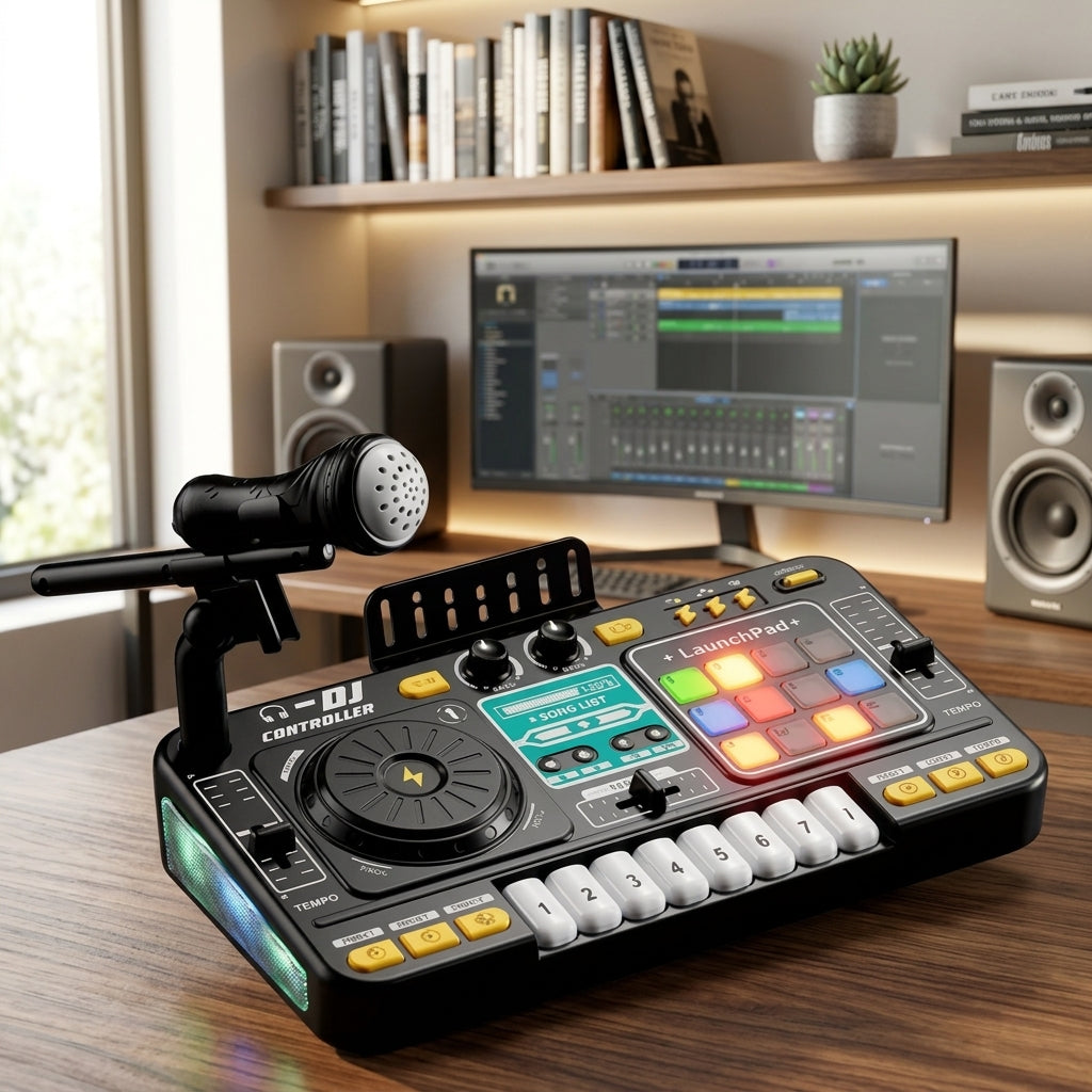 DJ Mixer Toy for Kids with Microphone and Music Controls - black-bluetooth