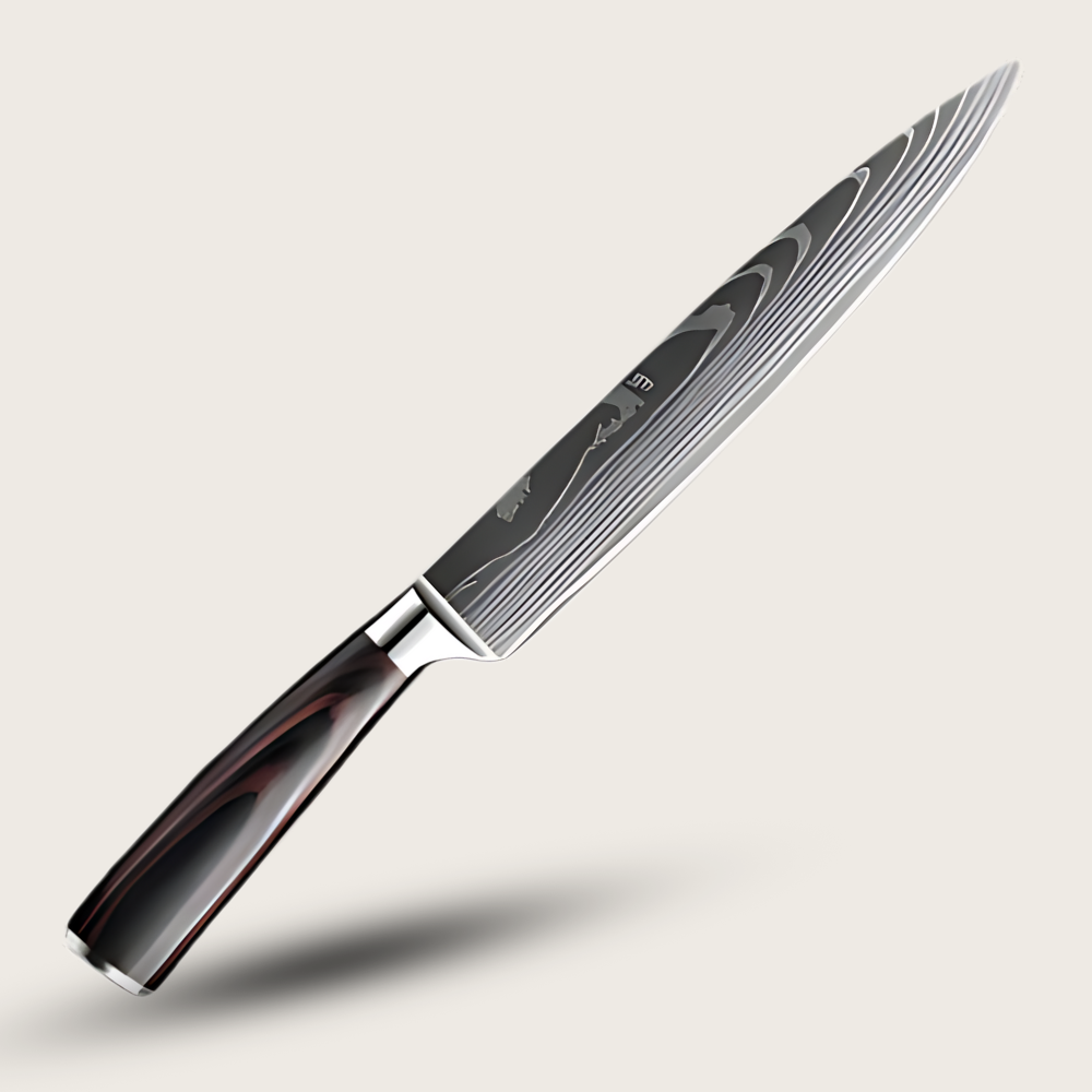 Japanese knife with Damascus steel blade and wooden handle