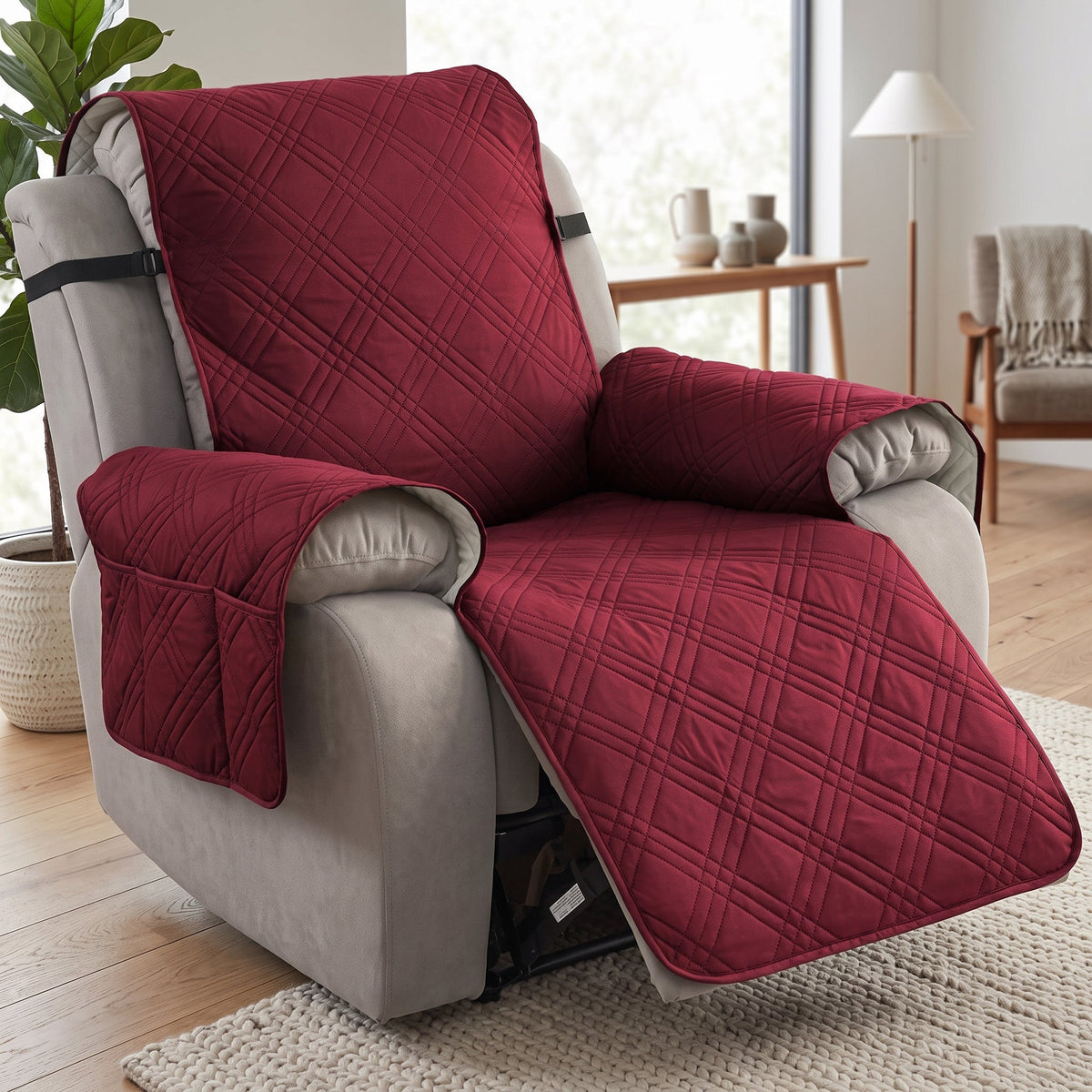 Recliner Chair Cover with Side Pockets - reddish brown