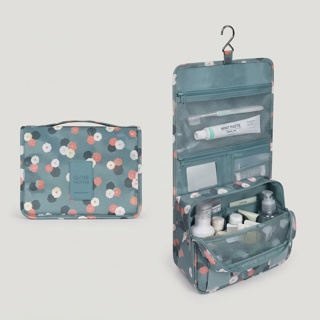 Toiletry bag with multiple compartments and hanging hook - blue flowers