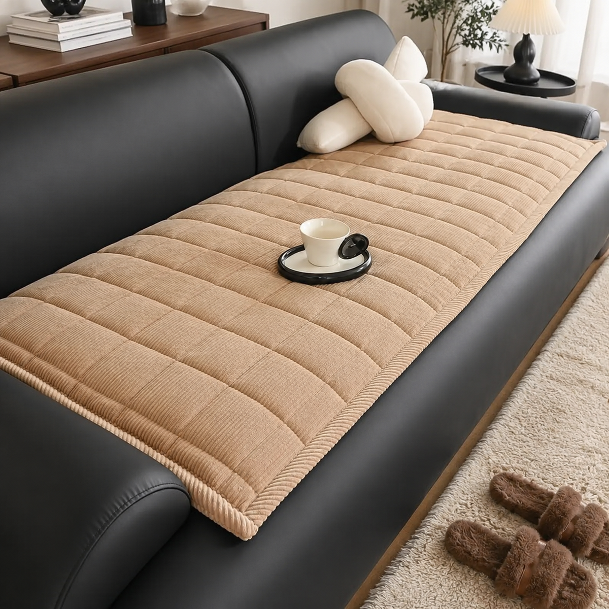 Sofa Cover Throw Quilted Non Slip Protector - beige mist