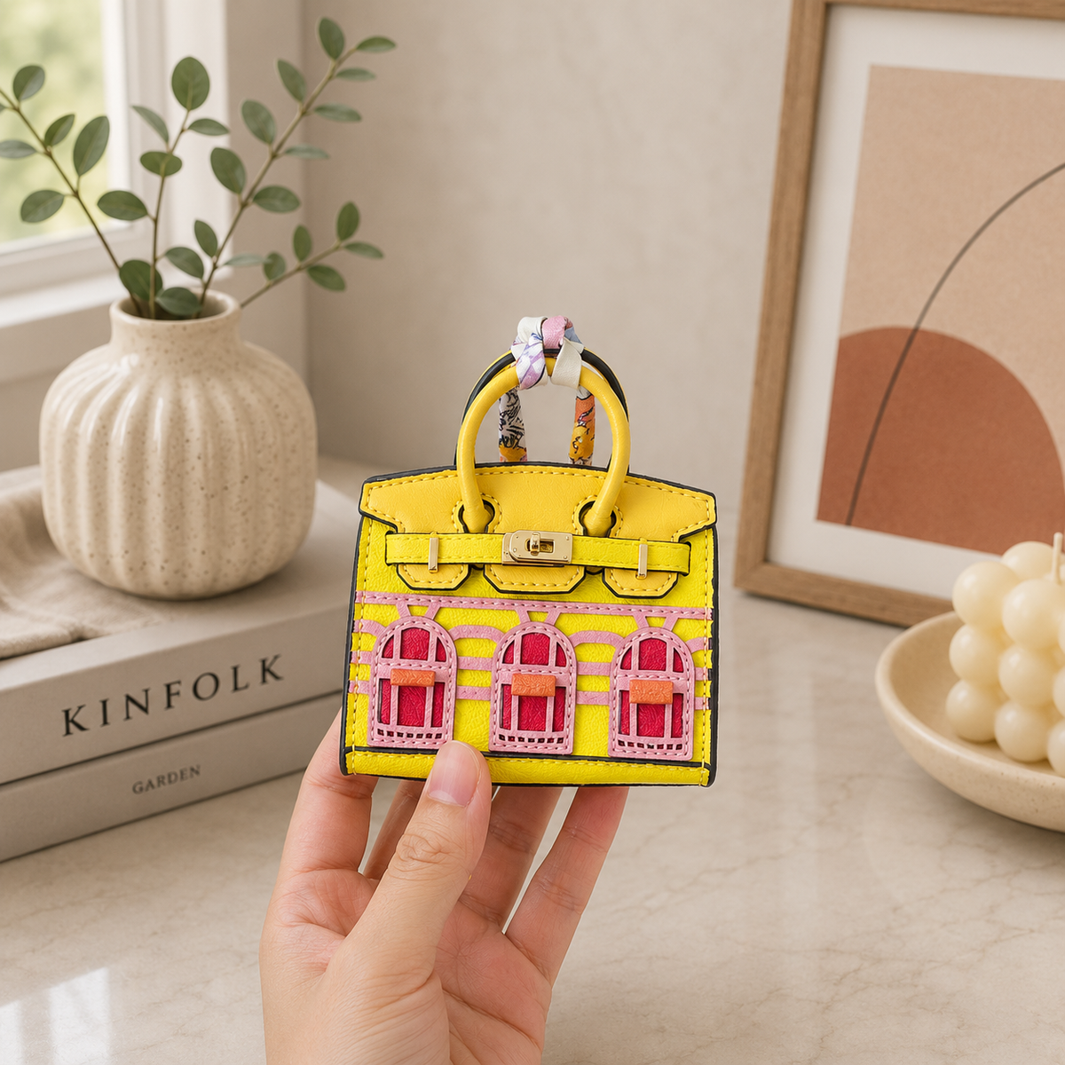 Bag Charm in Mini Handbag Design with Metal Finish - yellow