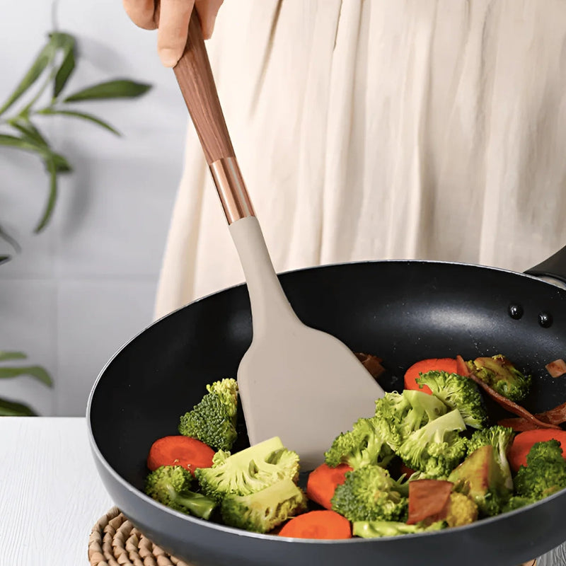 Kitchen Utensil Set With Silicone Heads Wooden Handles