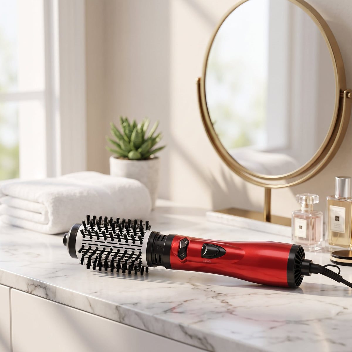 Rotating 3 in 1 hair styler with adjustable temperature - red