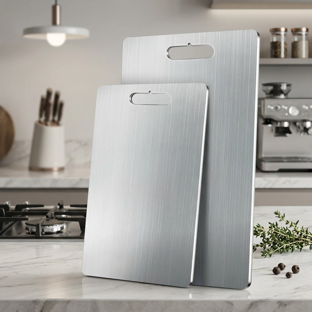Cutting board with double sided titanium surface