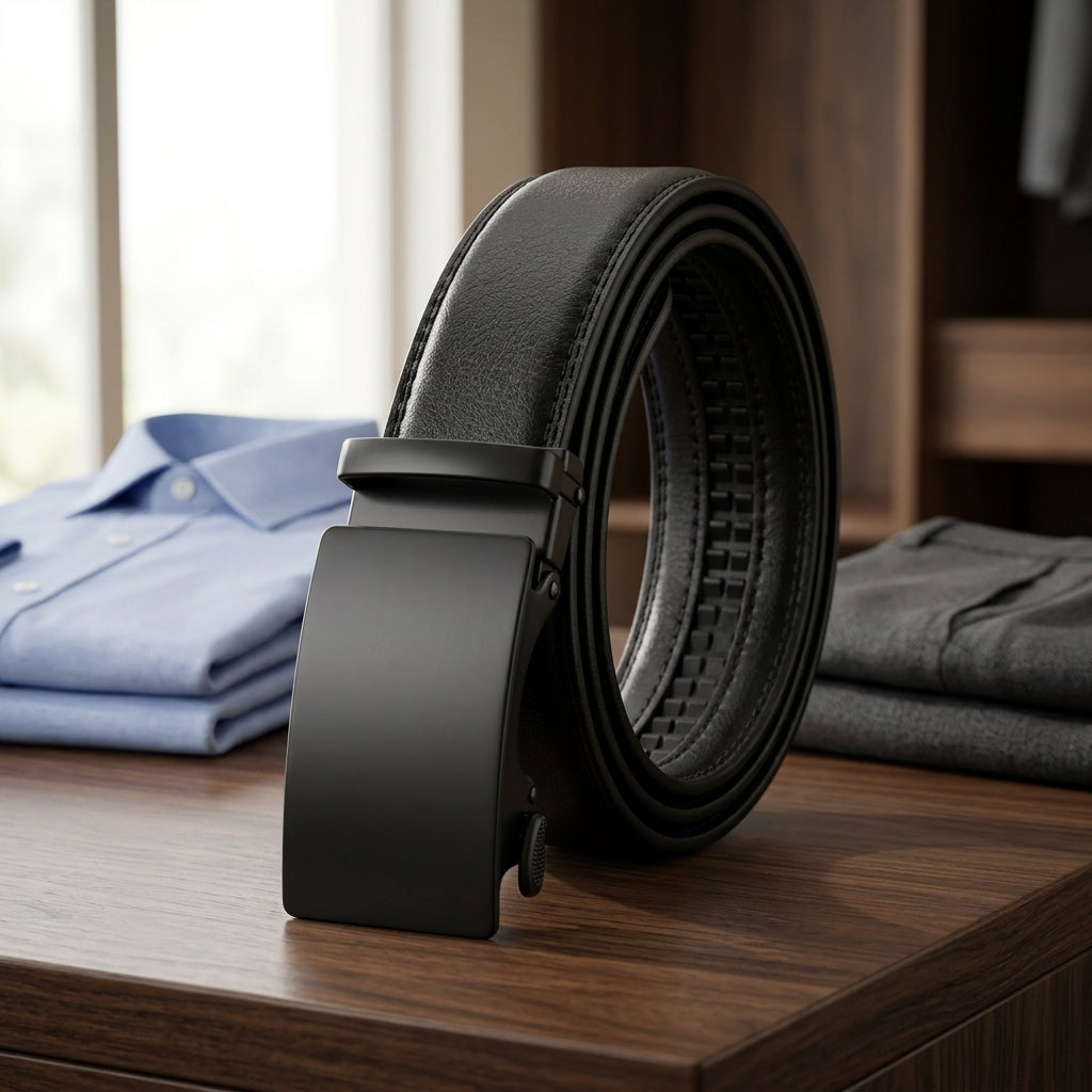 Men's leather belt with automatic buckle - black