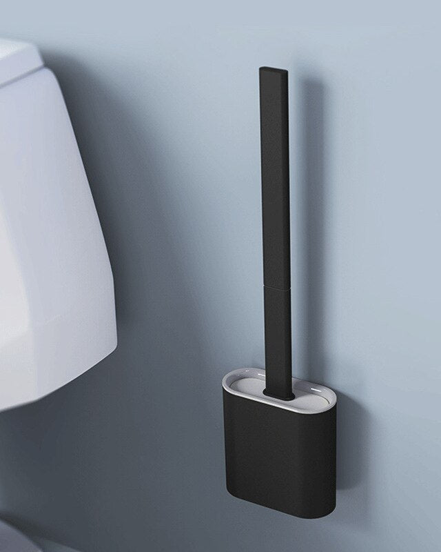 Toilet brush with silicone head and wall holder - black