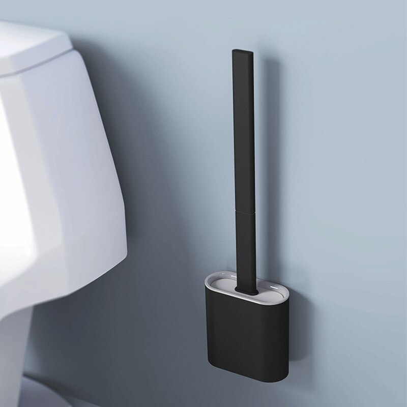 Toilet brush with silicone head and wall holder - black