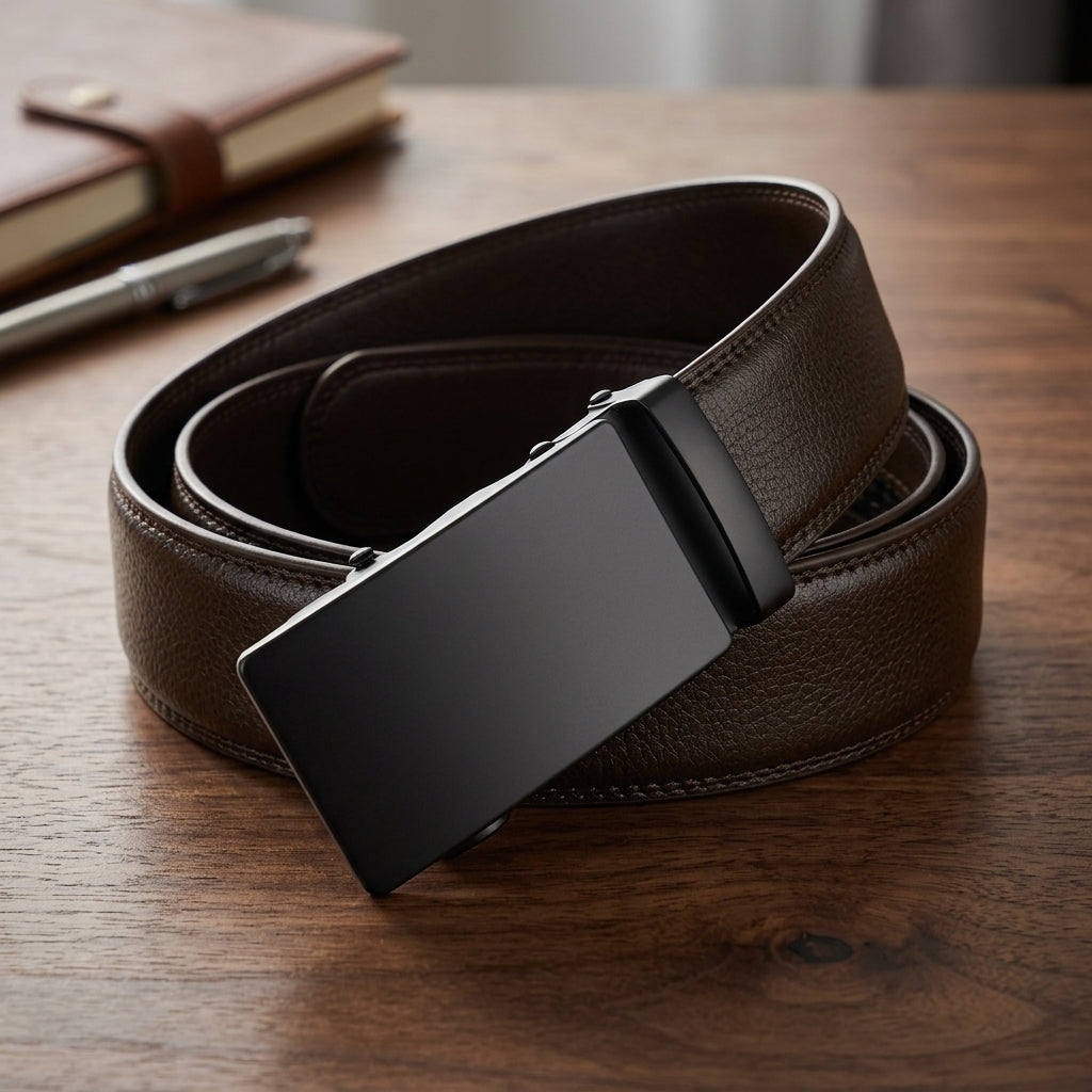 Men's leather belt with automatic buckle - brown
