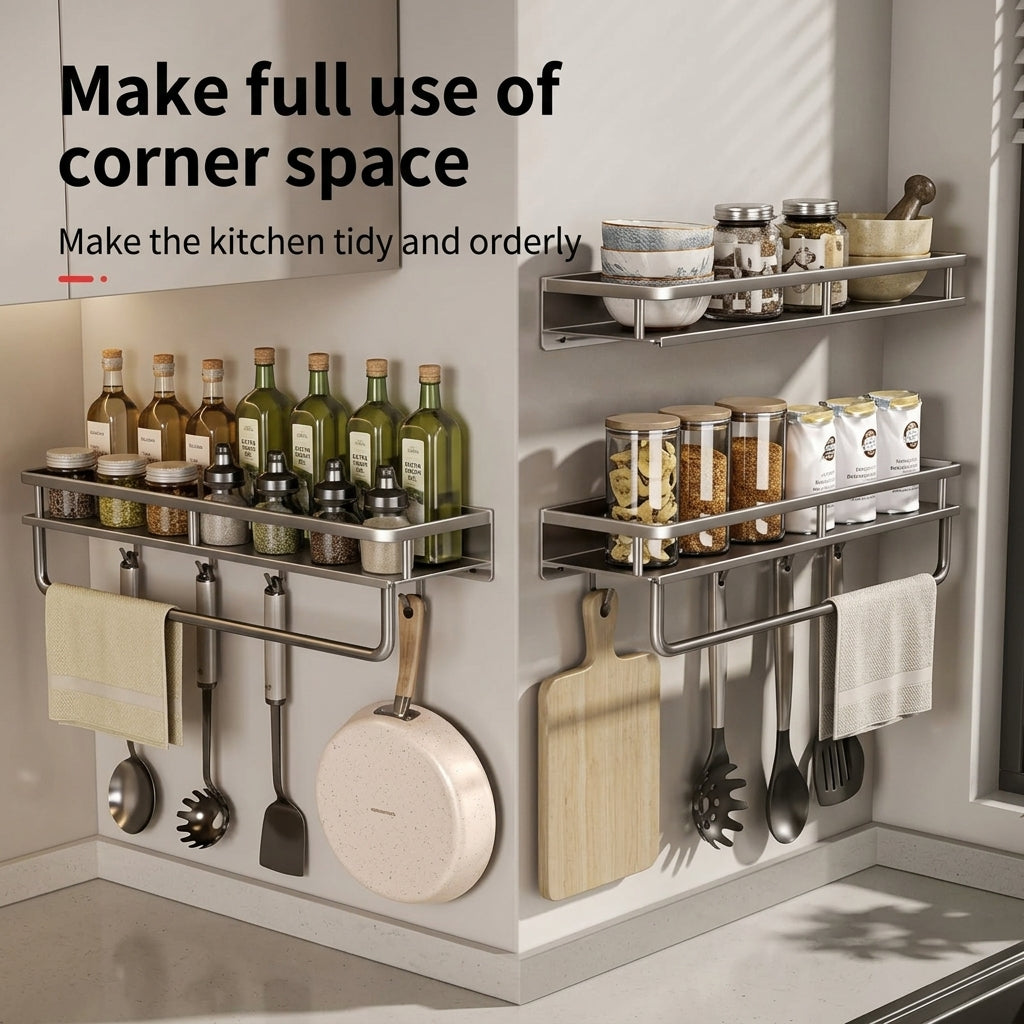 Kitchen wall shelf with utensil hooks and aluminium frame