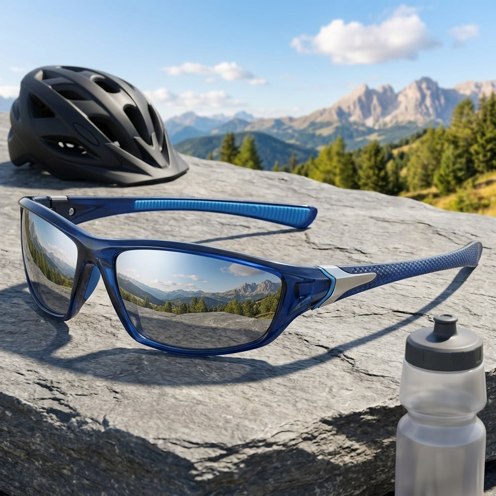 Sport Sunglasses with Polarised Lenses and Full Frame Design - metallic blue