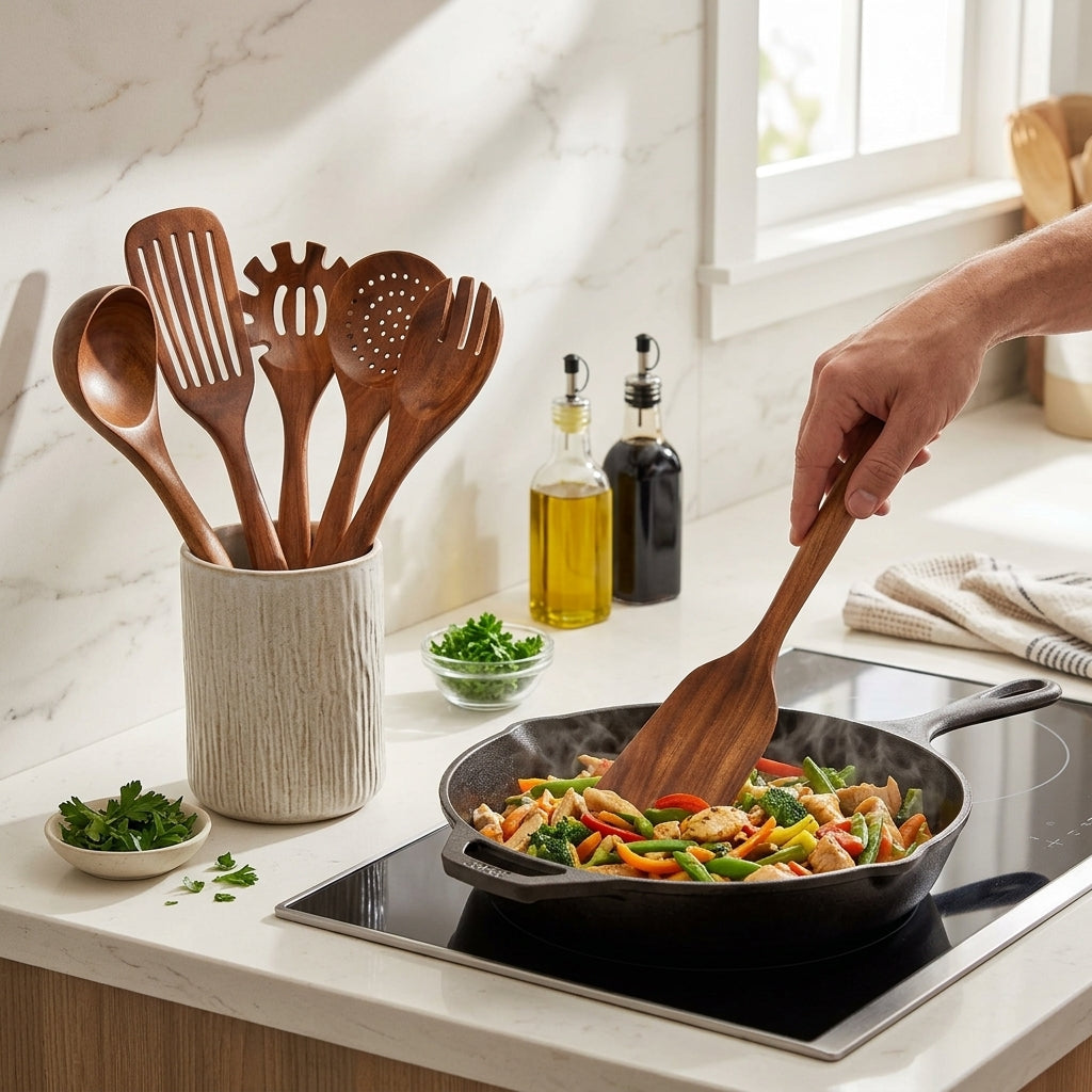 Teak wood kitchen utensil set with seven pieces