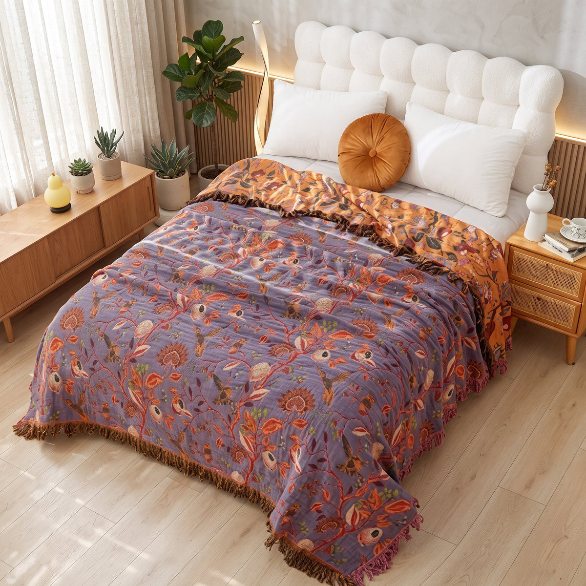 Throw Blanket With Boho Floral Jacquard Pattern - wild flora