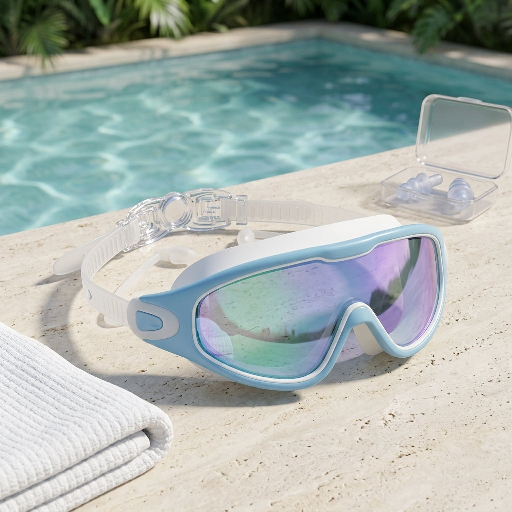 Swim goggles with anti fog coating and silicone strap - light blue multi