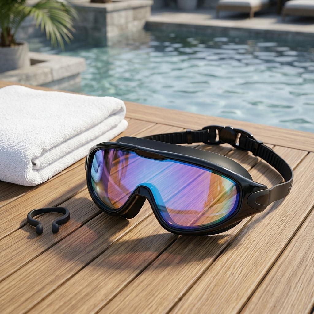 Swim goggles with anti fog coating and silicone strap - black multi