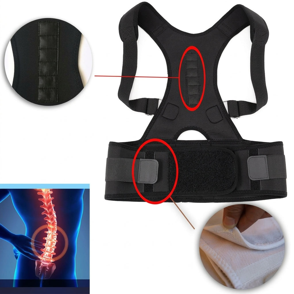Back support brace with magnetic therapy and adjustable fit