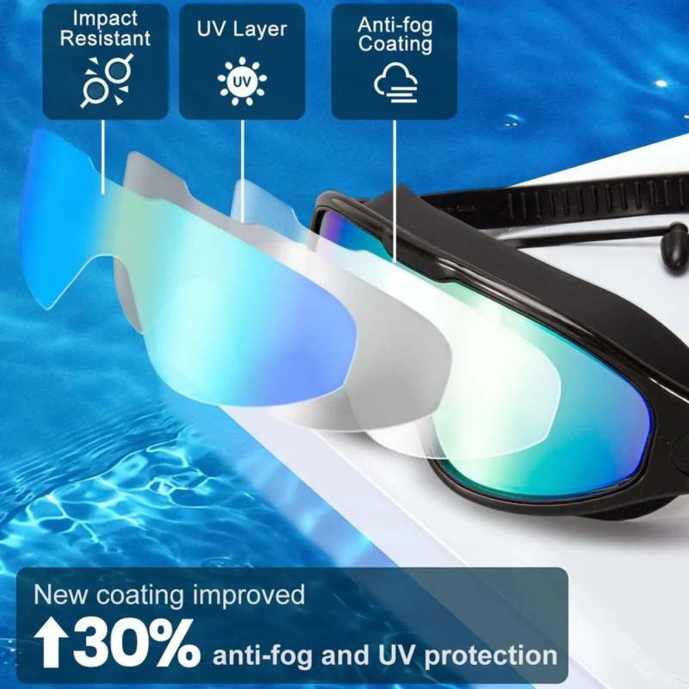 Swim goggles with anti fog coating and silicone strap