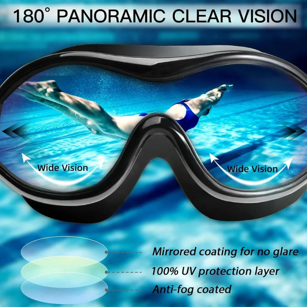 Swim goggles with anti fog coating and silicone strap
