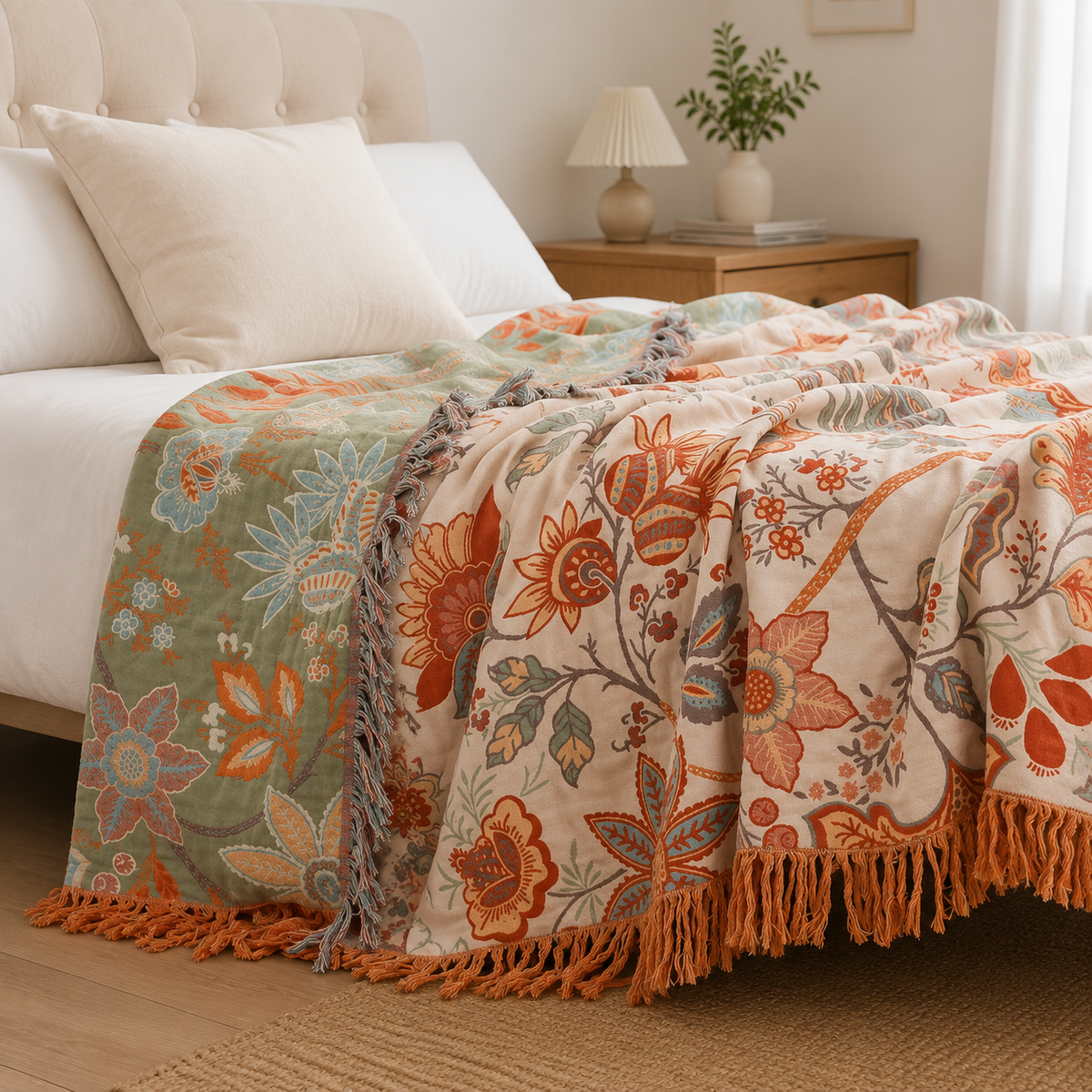 Throw Blanket with Floral Jacquard Fringed Edges