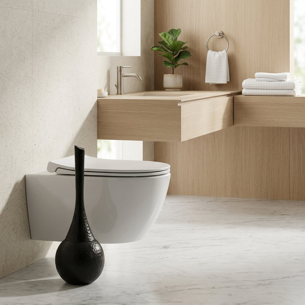 Toilet brush holder with long handle for bathroom - luxury black